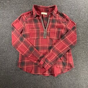 Hollister Tartan Plaid Beaded V-Neck Womens S Flannel Top Long Sleeve